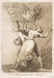 Tavle 75 fra Los Caprichos: Er der ingen, der kan løse os? Er der ingen, der kan løse os, 1799.