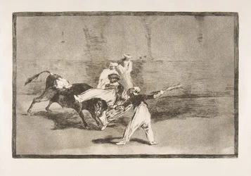 Tavle 8 fra «Tauromachien»: En maurer bliver stanget af tyren i arenaen, 1816.