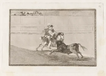 Un caballero espa?ol en plaza quebrando rejoncillos sin auxilio de los chulos (En spansk ridder i ringen, der knækker korte spyd uden hjælp fra assistenter), tavle 13 fra La tauromaquia