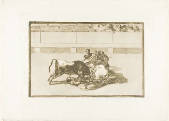 En Picador er unhorsed og falder under Tyren, plade 26 fra The Art of Tyrefighting