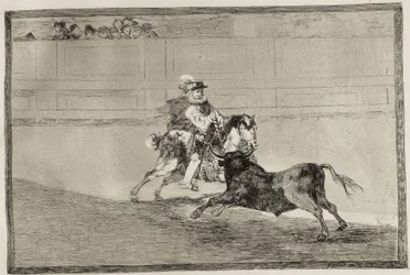 En spansk ridder til hest bryder korte lanser i arenaen uden hjælp fra assistenter. 1816. Spanien. Madrid (autonomt område). Madrid. Nationalbiblioteket