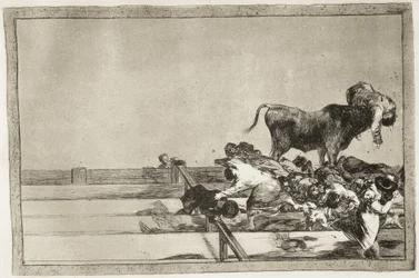 Frygtelige begivenheder på de forreste rækker i arenaen i Madrid og borgmesteren i Torrejóns død i 1801. 1816. Tavle 21 fra »Tyrefægtningens kunst«. Spanien. Madrid (autonomt område). Madrid. Nationalbiblioteket