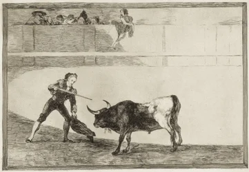 Pedro Romero dræber den standsede tyr. 1816. (25,1 x 35,9 cm). Pedro Romero (1754-1839). Spansk tyrefægter. Tavle 30 fra »Tyrefægtningens kunst«. Spanien. Madrid (autonomt område). Madrid. Nationalbiblioteket