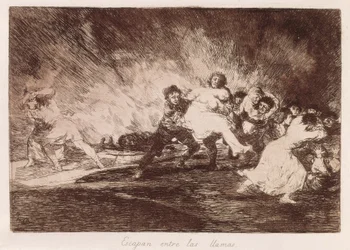 De flygter gennem flammerne. 1810-1812. (16,1 x 23,3 cm). Tavle 47 fra »Krigens rædsler«. Spanien. Madrid (autonomt område). Madrid. Nationalbiblioteket