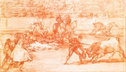 Tauromachie: en tyrefægter forbereder sig på at kæmpe i en chapeau på stedet for muletaen. Dessin a la sanguine af Francisco de Goya y Lucientes (1746-1828). 1815-1816. Madrid. Musee du Prado