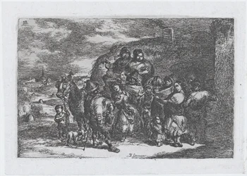 Plade 13: en gruppe mennesker udendørs, herunder muligvis musikere, fra serien af cust..., 1850.
