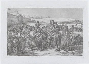 Plade 14: en stor gruppe mennesker udendørs, muligvis en gruppe skuespillere, fra serien o..., 1850.