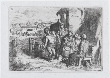 Plade 16: en gruppe mennesker udendørs, inklusive en mand, der hælder vin eller vand fra et kar ..., 1850.