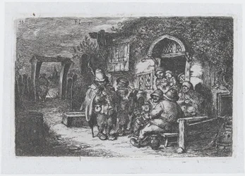 Tavle 18: gademusikanter og andre figurer uden for et værtshus, fra rækken af told ..., 1850.