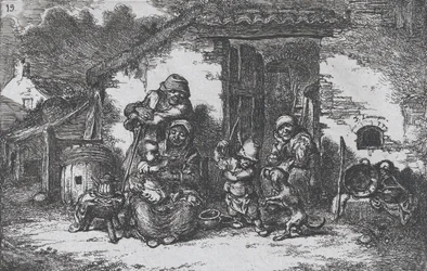 Plade 19: en familie og en dreng, der leger med en hund uden for et hus, fra serien af custom..., 1850.