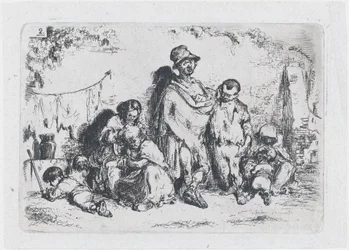 Plade 2: en gruppe mennesker på gaden, muligvis tiggere, fra rækken af told og..., 1850.