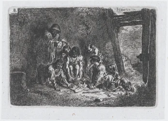 Plade 8: en gruppe figurer, hvoraf nogle spiller et spil, fra rækken af told og..., 1850.