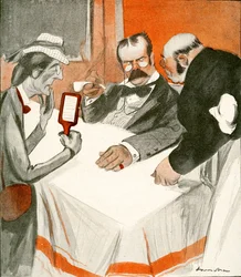 Et engelsk par kæmper med menuen på en fransk restaurant, 1903