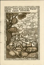 Illustration af Francisco Sancha Lengo (1874-1936) - Flying Leaf, ca. 1915 - Mere værd en fugl i hånden end hundrede flyvende - Krigen 14 -18, Tyskland Preussen, krigerister og symboler, Sejr, Fred, Spansk sprog, Udenlandsk presse