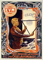 Plakat med reklame for E.V.M. cykeltilbehør (farvelitografi)