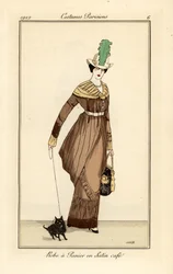 Kvinde i kurvekjole i kaffefarvet satin med hund, radering fra Tommaso Antonginis Journal des Dames et des Modes, Aux Bureaux du Journal des Dames, Paris