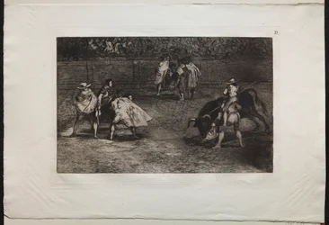 Tyrefægtning: En tyrefægter monteret på en assistents skuldre, spyd en tyr, 1876.