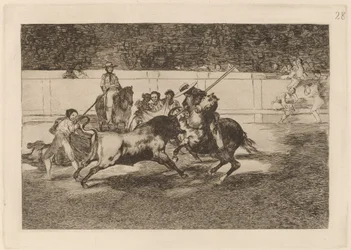 Den kraftfulde Rendon, der bider en tyr, af hvis skæbne han døde på Madrid-pladsen (The Forceful Rendon Stabs a Bull with the Pique, from which Pass He Died in the Ring at Madrid)