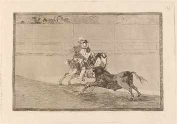 Un caballero espanol en plaza quebrando rejoncillos sin auxilio de los chulos (En spansk ridder i ringen, der knækker korte spyd uden hjælp fra assistenter)