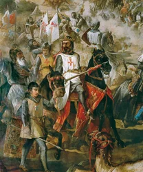 Generobringen af Spanien: Slaget ved Las Navas de Tolosa den 16/07/1212 mellem den kristne hær og maurernes hær. Detalje med kong Alfonso VIII. Maleri af Francisco de Paula Van Halen (1810-1887), 1864, Madrid, Senatspaladset