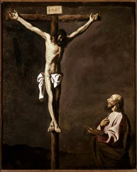 Korsfæstelse og maler Selvportræt af kunstneren i rollen som Sankt Lukas ved foden af korset. Maleri af Francisco de Zurbaran (1598-1664) 1635-1640 Dim. 105x84 cm Madrid, Prado Museum