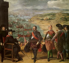 Forsvaret af Cadiz (Cadiz, Spanien) mod englænderne. Engelske tropper erobrede tårnet i Cadiz den 1. november 1625 med det formål at opsnappe guld og sølv, der kom fra Amerika. Den siddende figur er Fernando Giron, guvernør for vi