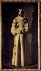 Portræt af Sankt Frans af Assisi: Helgenen er fremstillet i ekstase. Han bærer en kutte med et reb med knuder som bælte. Maleri af Francisco de Zurbarán (1598-1664)