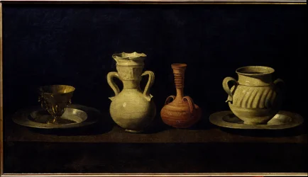 Stilleben, kopper og vaser. Maleri af Francisco de Zurbaran (1598 - 1664)