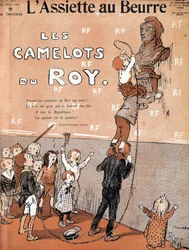 Børn detroniserer en buste af Marianne ved at synge en ironisk sang til fordel for den royalistiske kampgruppe. Illustration af Francisque Poulbot (1879-1946) i "Tallerkenen med smør", den 27/03/1909.