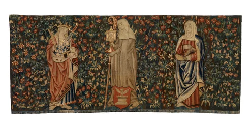 Mille fleurs gobelin, alterfront, forestillende tre helgener, St Anne, St Clare og St Euphemia, lavet ca. 1500, fransk eller flamsk (uld)
