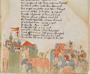 Ms Est 27 W 8.17 f.6r Bønder ind i en by med deres kvæg og ankomsten af Attilas hær, fra The War of Attila af Nicola da Casola