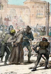 Henrettelse af den italienske religiøse reformator Arnaldo da Brescia (Arnaud de Brescia) (1100-1155) den 18. juni 1155 (Afbrændingen af den italienske kanon-regulære Arnold (Arnaldus) af Brescia juni 1155) Indgravering fra "I misteri del vaticano" af Fran