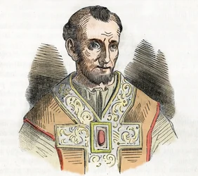 Middelalder: repræsentation af pave Nicholas I den Store (Nicola I, Nicholas eller Nicolo eller Niccolo eller Nicolaus) (858-867) tegning fra "I misteri del vaticano" af Franco Mistrali 1843