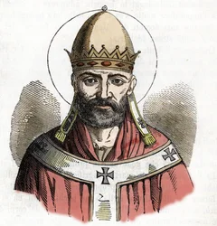 Portræt af pave Damasus I (pave Damasus) (305-384) tegning fra "I misteri del vaticano" af Franco Mistrali 1843
