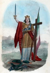 Risorgimento: Allegorisk repræsentation af det triumferende Italien, der står på slangen fra den korrupte kirke og rejser sig et sværd med et kors og et flag, symboler på politiske, religiøse og civile risorgimento) Frontispice tire de "" I misteri del vat