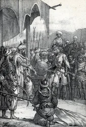 Syvende korstog: Kong Ludvig IX blev taget til fange i slaget ved Fariskur den 6. april 1250 (Syvende korstog: Kong Ludvig IX fange ved slaget ved Fariskur, 6. april 1250) Tegning fra "Misteri del Vaticano" af Franco Mistrali