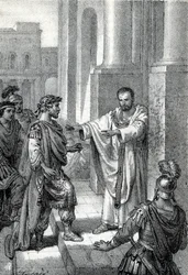 Ærkebiskoppen Sankt Ambrosius af Milano (Aurelius Ambrosius, Ambrogio di Milano (340-397) forbød indgangen til kirken til den romerske kejser Theodosius I (Flavius Theodosius) (347-395) for at straffe ham for massakren i Thessalonika i 390 - Excommunicati