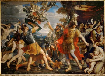 Aeneas og hans ledsagere kæmper mod harpyerne ...