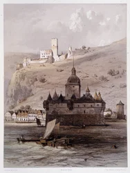 Chateau a Pfalz, Tyskland. I "" Den monumentale og maleriske Rhinen"". Litografier af Fourmais og Stroobant
