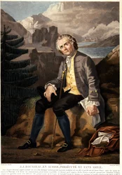 Jean Jacques Rousseau i Schweiz, forfulgt og uden asyl. Akvatinte af Charon d