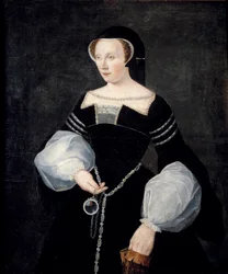 Portræt af Diane de Poitiers, frue af Brézé, hertuginde af Valentinois (1499-1566), iført sørgedragt (enkedragt) efter sin mand Louis de Brézé, der døde i 1531, og med et spejl i hånden, omkring 1550, cirka 1