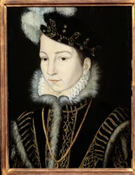 Portræt af Charles IX, konge af Frankrig (1550 - 1574). Atelier de Francois Clouet (1515-1572), v. 1555. Olie på træ. Mål: 0,32 x 0,23 m. Olie på træ. - Portræt af Charles IX, konge af Frankrig (1550-1574). Francois Clouets værksted (1515-1572), omkring 15
