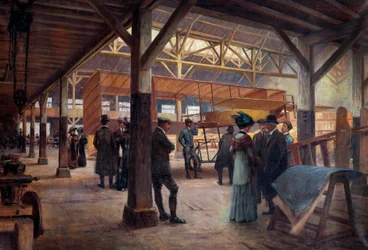 Værksted for brødrene Gabriel og Charles Voisin (1880-1973 og "1882-1912), pionerer inden for luftfart, i 1908 i Boulogne Billancourt" (olie på lærred)