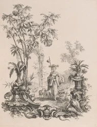 Ung kinesisk pige gående, omgivet af sine får, ca.1740-50.