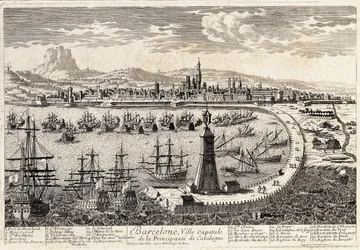 Udsigt over byen og havnen i Barcelona i det 18. århundrede. Gravering af Francois Antoine Aveline Barcelona, Museu d
