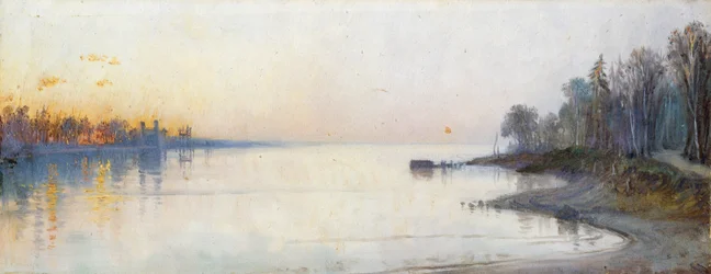 Bred rolig flod ved solnedgang, Nillandskab