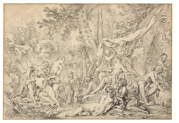 Diana og Callisto (sort kridt på papir)