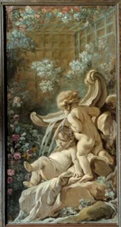 Dørpanel i stuen Demarteau: springvand med to kærligheder, hvoraf den ene ligger. Maleri af Francois Boucher (1703-1770)