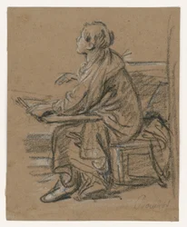 Ung tegner () . Siddende figur, der holder en tegnemappe på skødet