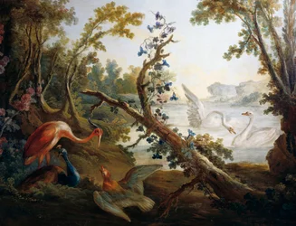 Landskab med svaner, ca 1765, af Francois Boucher (1703-1770), Jean-Baptiste Huet (1745-1811) og Jean Honore Fragonard (1732-1806), detaljer fra nordvæggen af Salon Demarteau, Paris, Frankrig, Frankrig